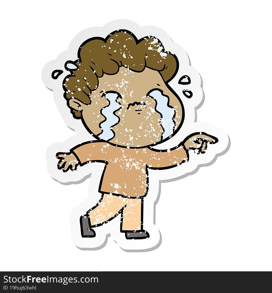 distressed sticker of a cartoon man crying