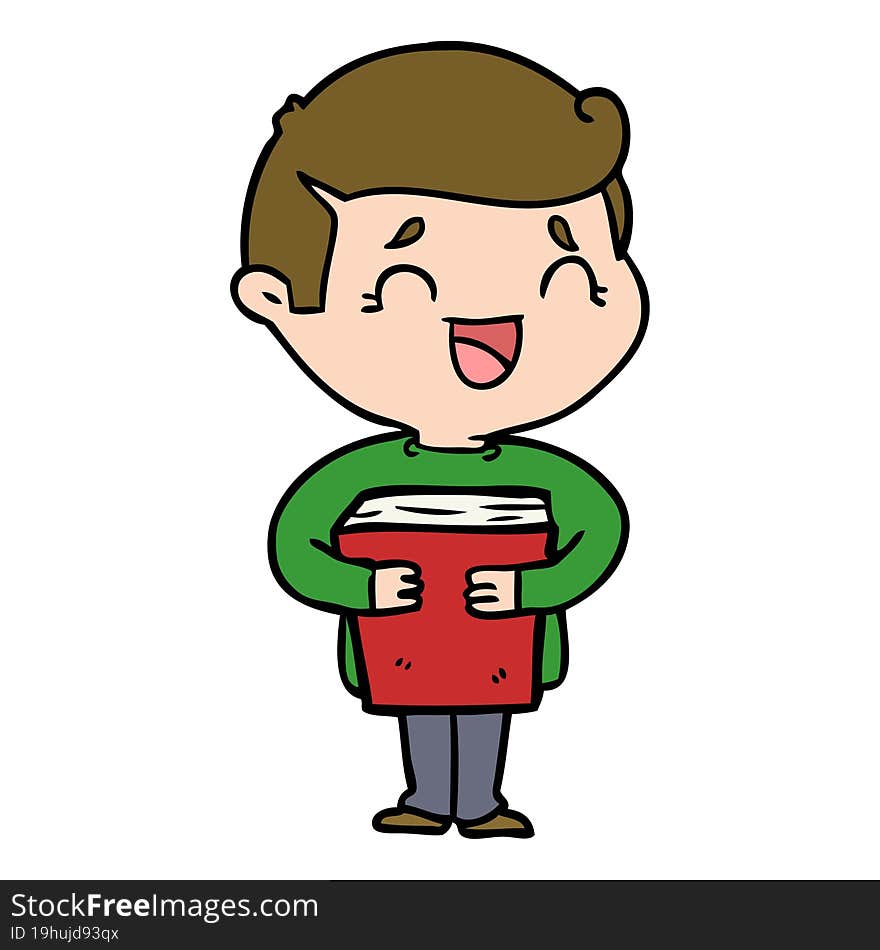 cartoon laughing man holding book. cartoon laughing man holding book