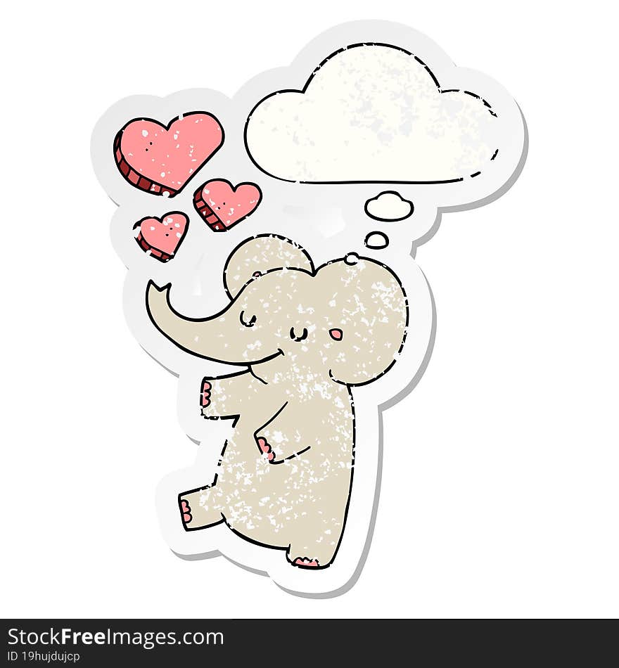 cartoon elephant with love hearts and thought bubble as a distressed worn sticker