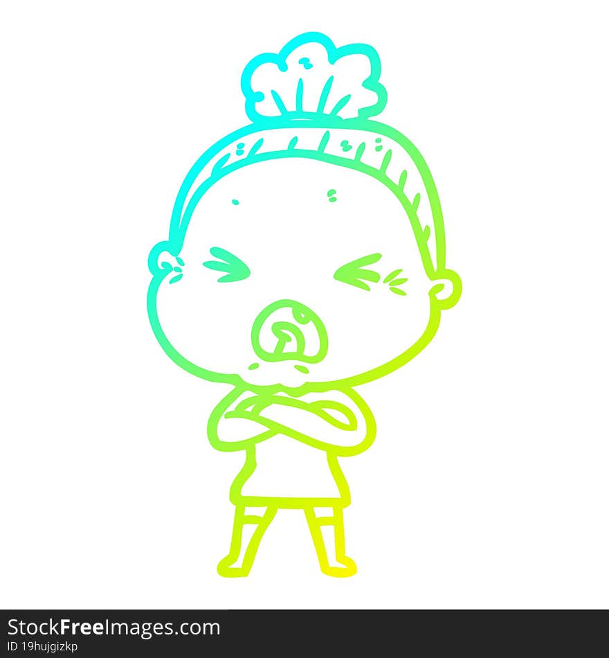 Cold Gradient Line Drawing Cartoon Angry Old Woman