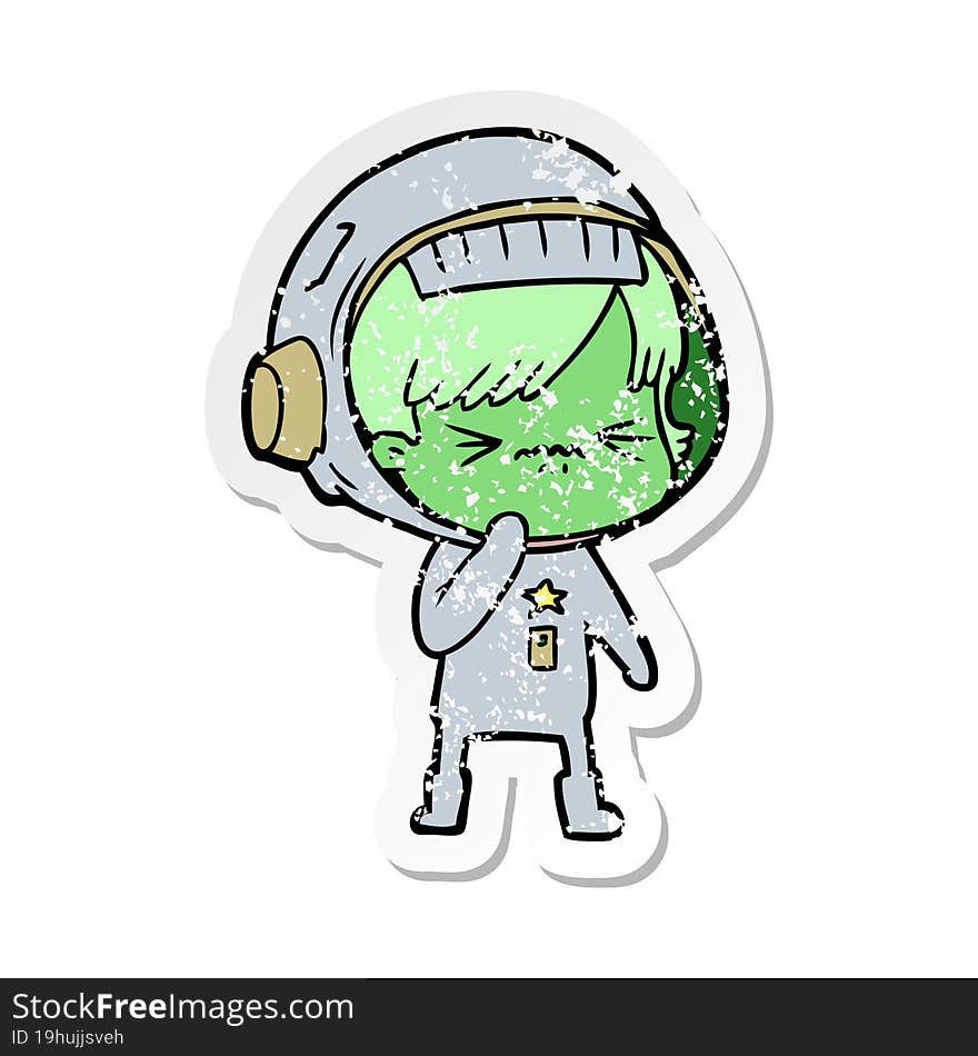 distressed sticker of a angry cartoon space girl