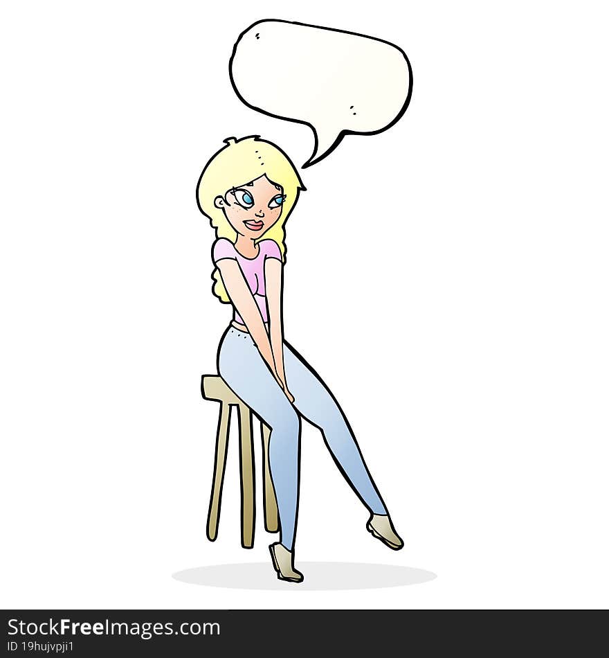 Cartoon Pretty Girl On Stool With Speech Bubble