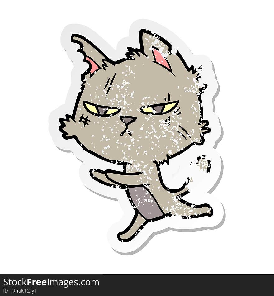 Distressed Sticker Of A Tough Cartoon Cat Running