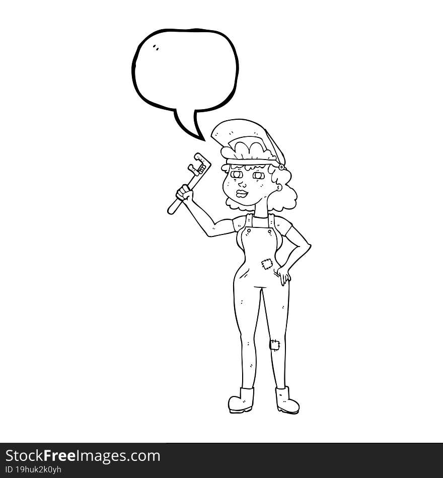 freehand drawn speech bubble cartoon capable woman with wrench