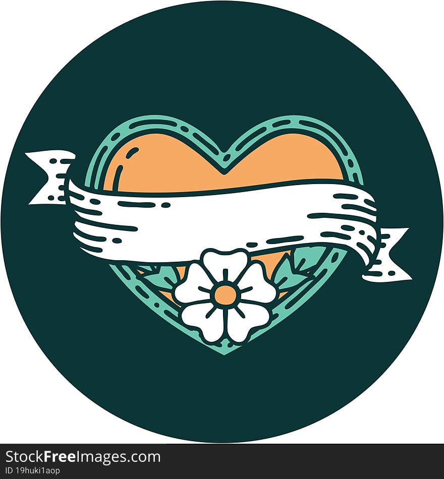 Tattoo Style Icon Of A Heart And Banner With Flowers