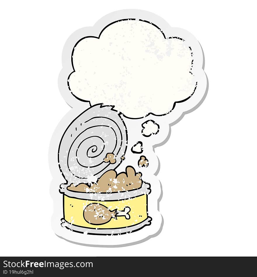 cartoon canned food with thought bubble as a distressed worn sticker