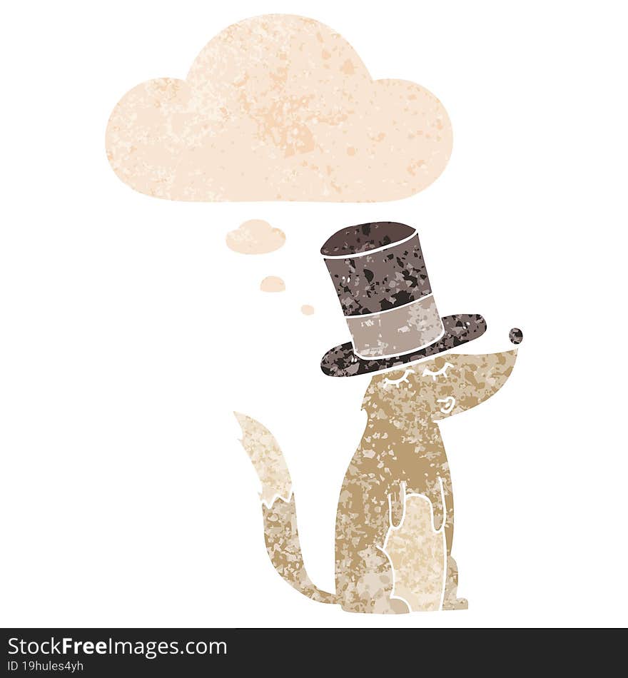 cartoon wolf whistling wearing top hat and thought bubble in retro textured style