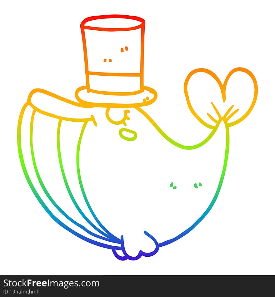 rainbow gradient line drawing cartoon whale with top hat