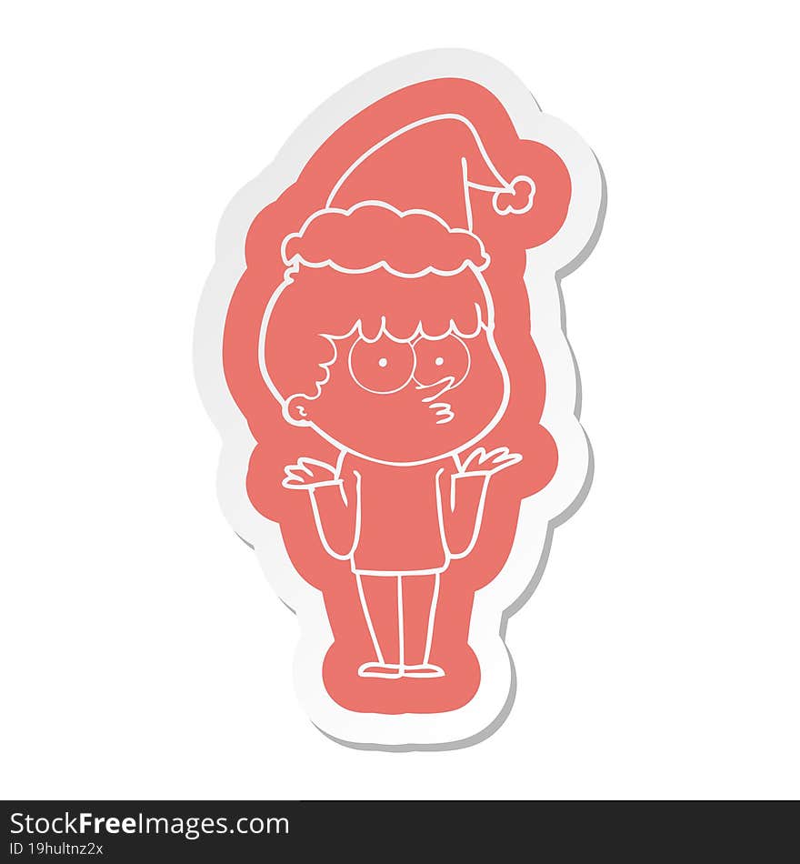 cartoon  sticker of a curious boy shrugging shoulders wearing santa hat