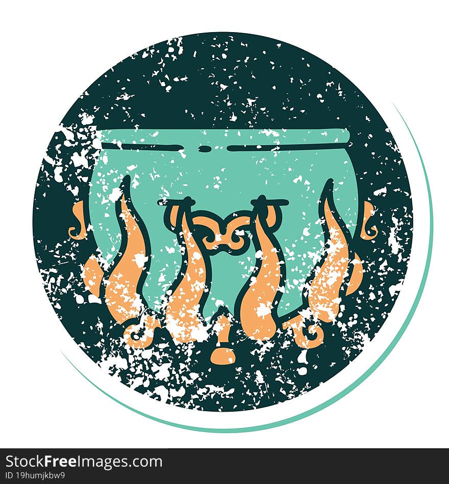 distressed sticker tattoo style icon of lit cauldron