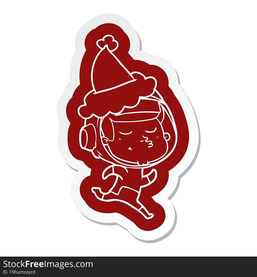 cartoon  sticker of a confident astronaut wearing santa hat