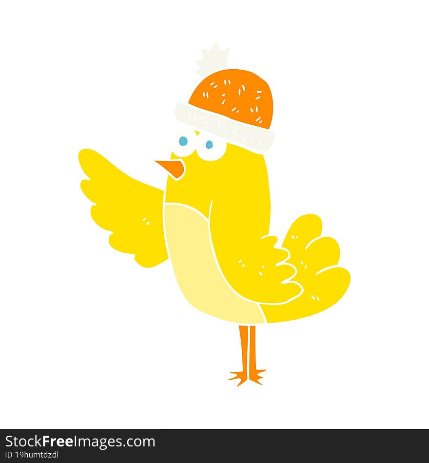 flat color illustration of bird wearing hat. flat color illustration of bird wearing hat