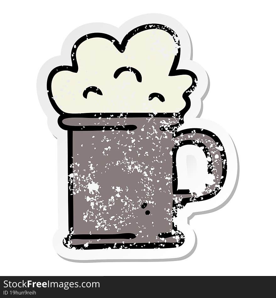 distressed sticker of a quirky hand drawn cartoon tankard of beer