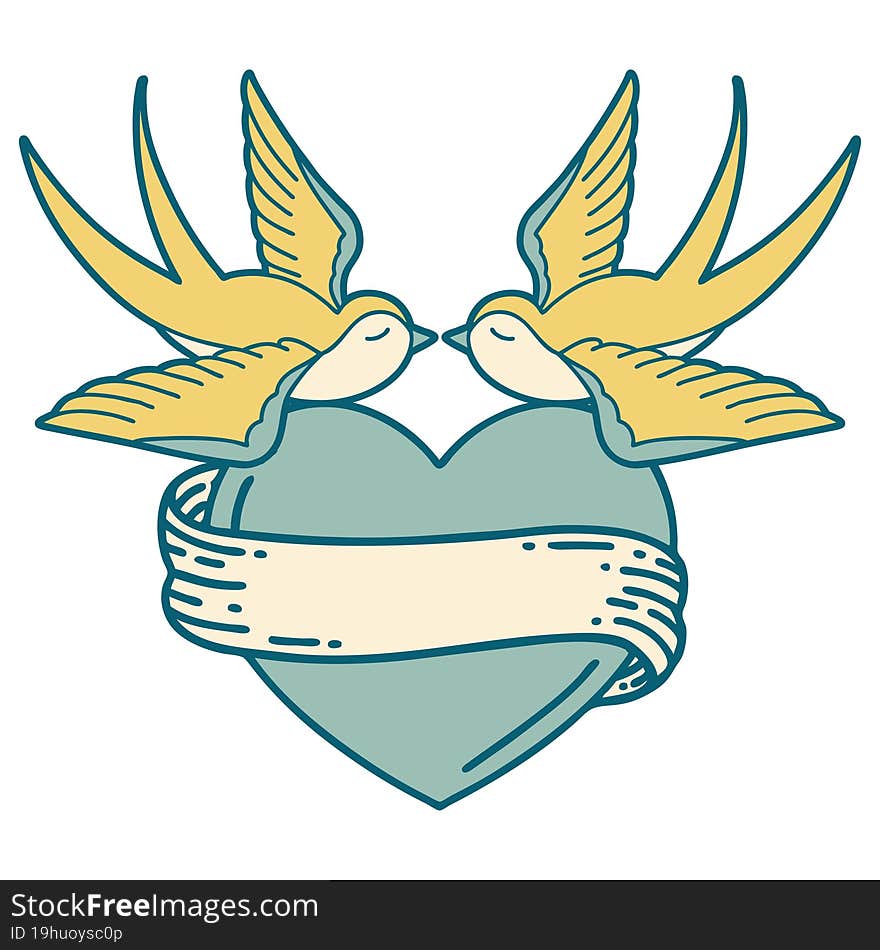 iconic tattoo style image of swallows and a heart with banner. iconic tattoo style image of swallows and a heart with banner