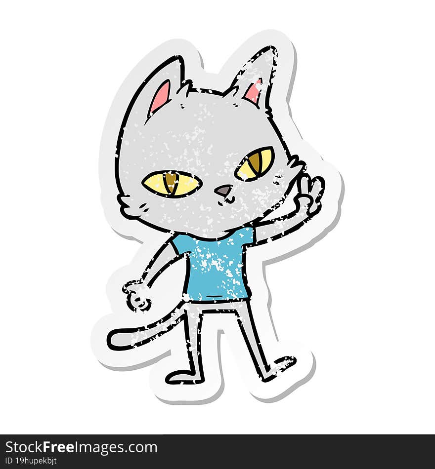 Distressed Sticker Of A Cartoon Cat Waving