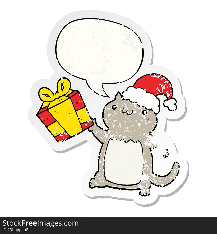 cute cartoon christmas cat and speech bubble distressed sticker