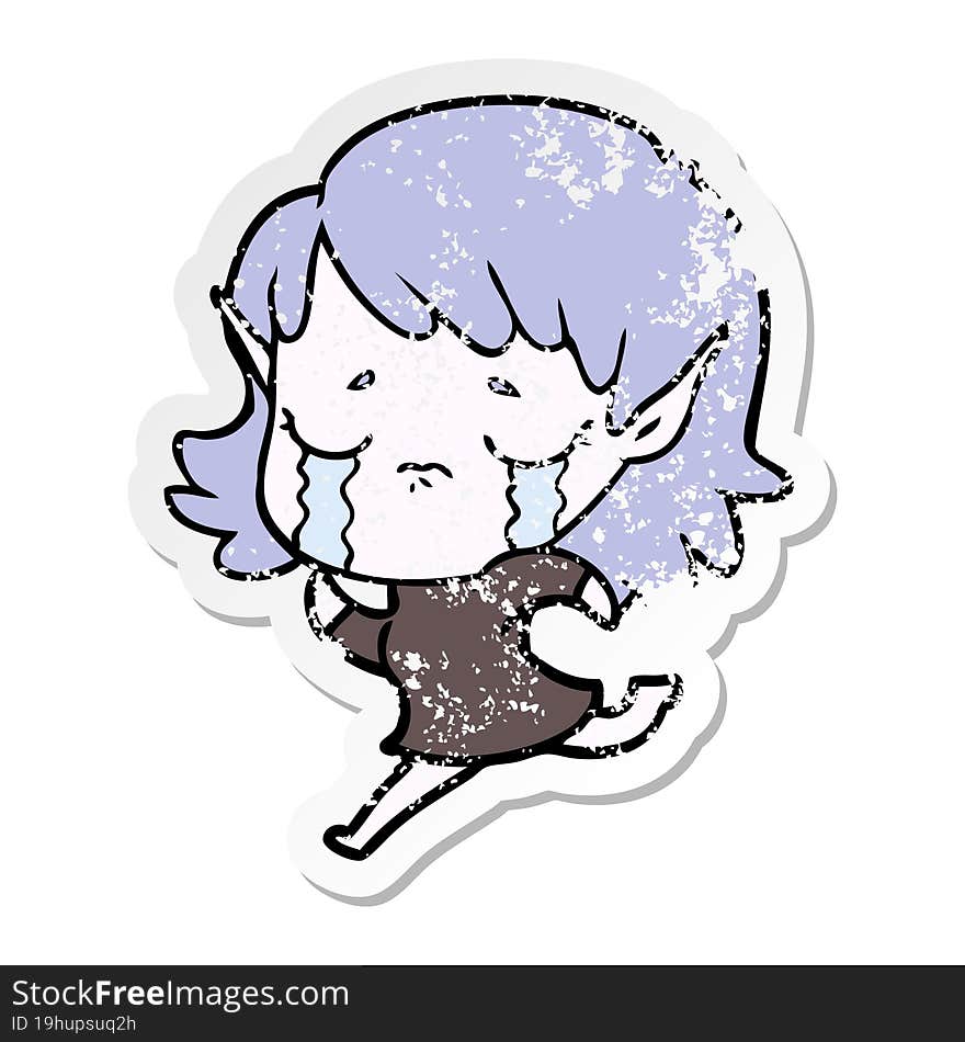 Distressed Sticker Of A Cartoon Crying Elf Girl