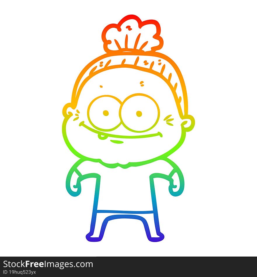 rainbow gradient line drawing of a cartoon happy old woman