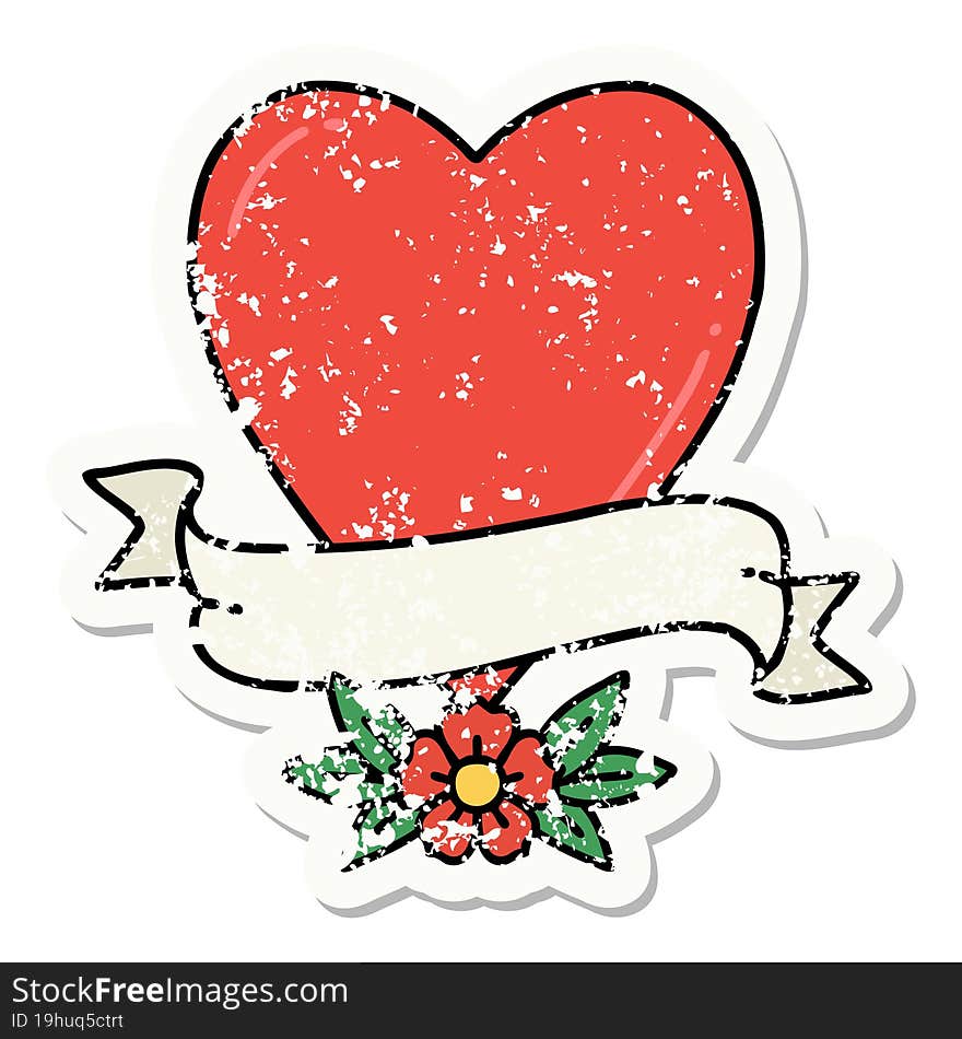 distressed sticker tattoo in traditional style of a heart and banner. distressed sticker tattoo in traditional style of a heart and banner