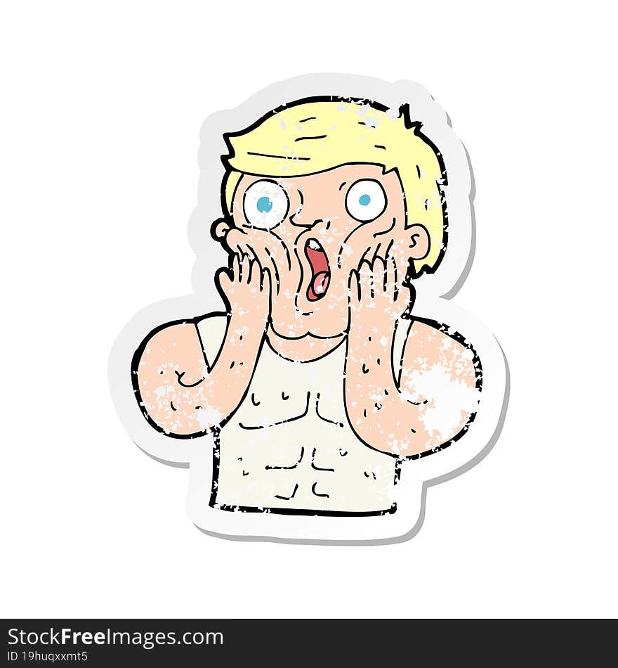 Retro Distressed Sticker Of A Cartoon Shocked Gym Man