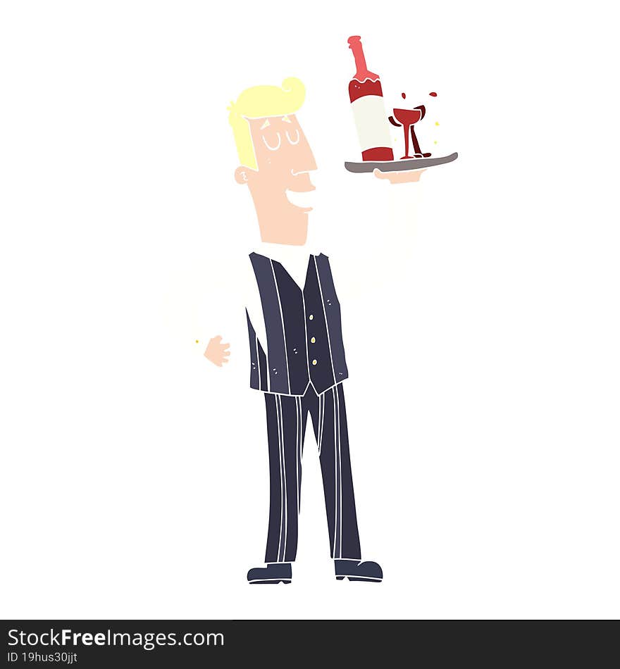 Flat Color Illustration Of A Cartoon Waiter