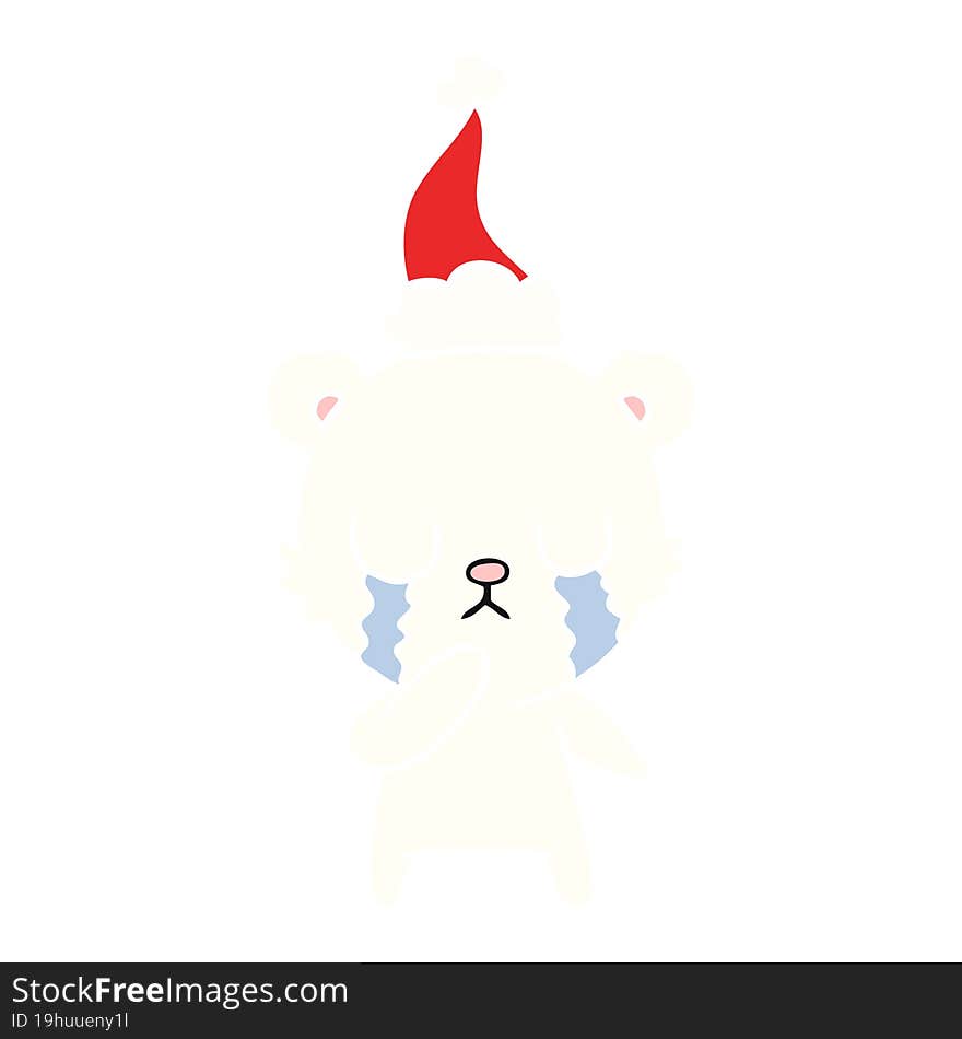 crying polar bear flat color illustration of a wearing santa hat