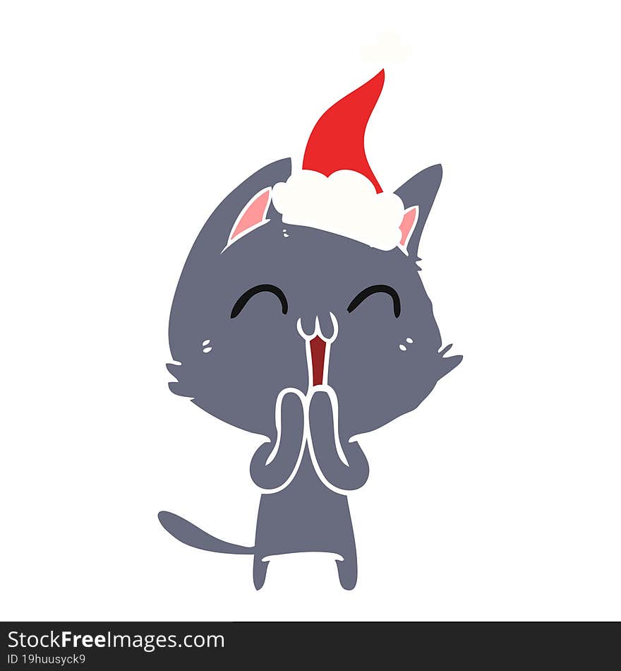 happy flat color illustration of a cat wearing santa hat