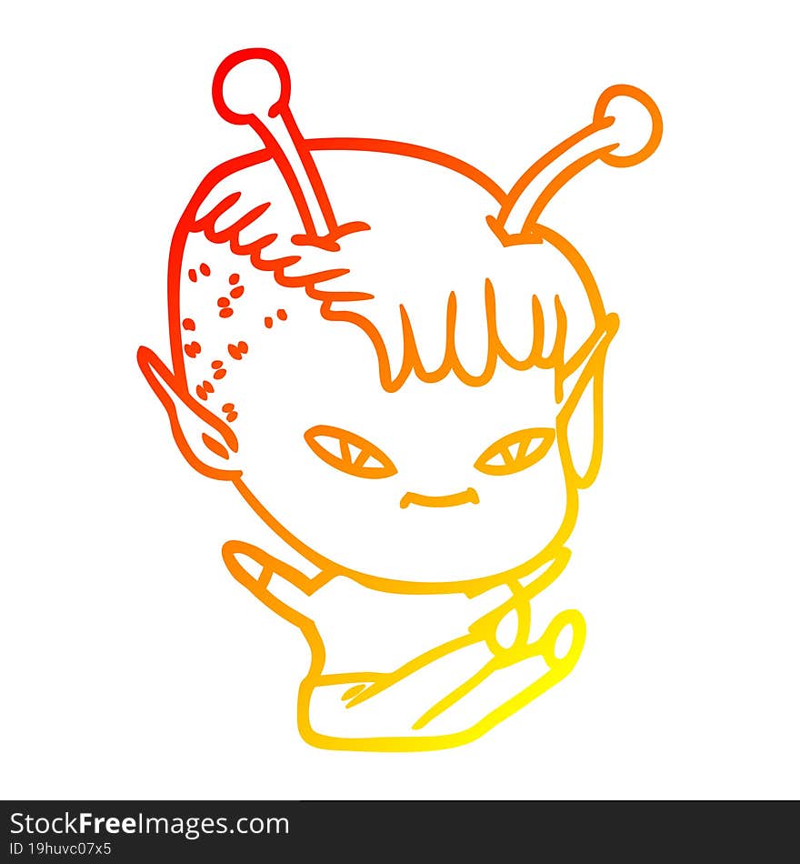 warm gradient line drawing of a cute cartoon alien girl