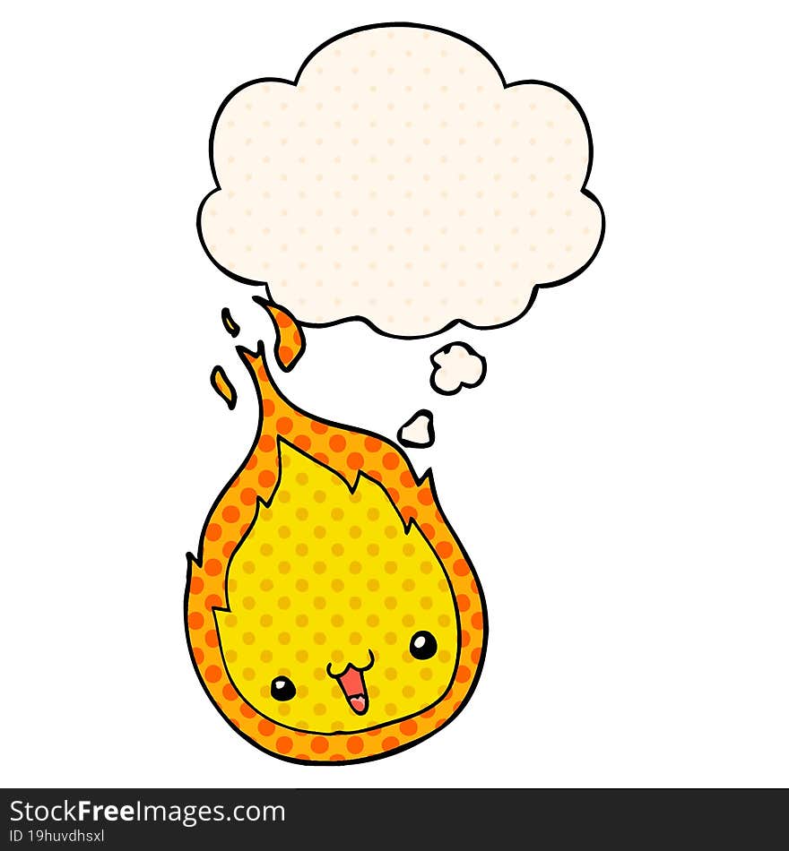 cute cartoon flame and thought bubble in comic book style