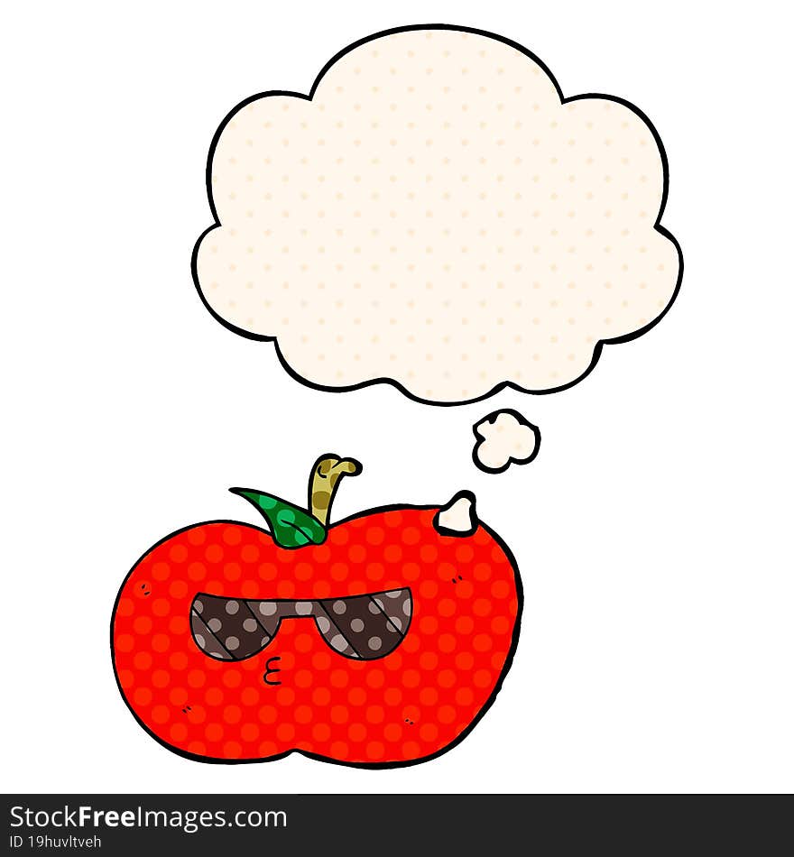 cartoon cool apple with thought bubble in comic book style