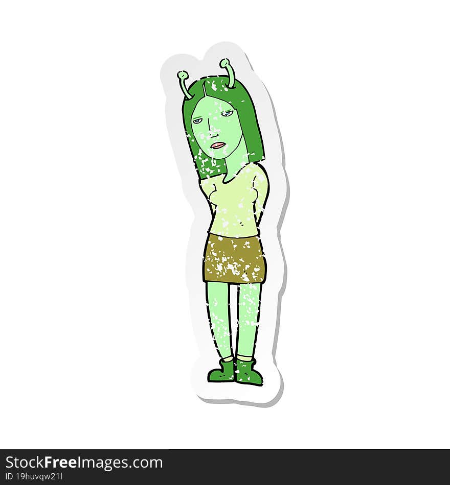 retro distressed sticker of a cartoon alien woman