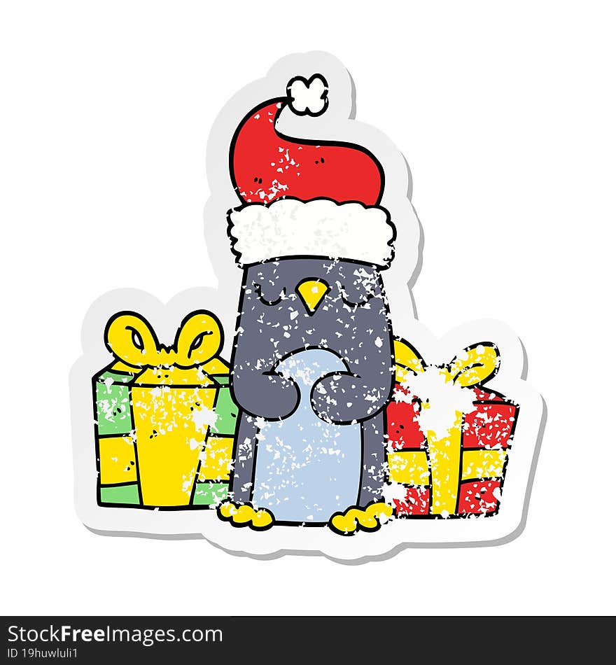 distressed sticker of a cute christmas penguin