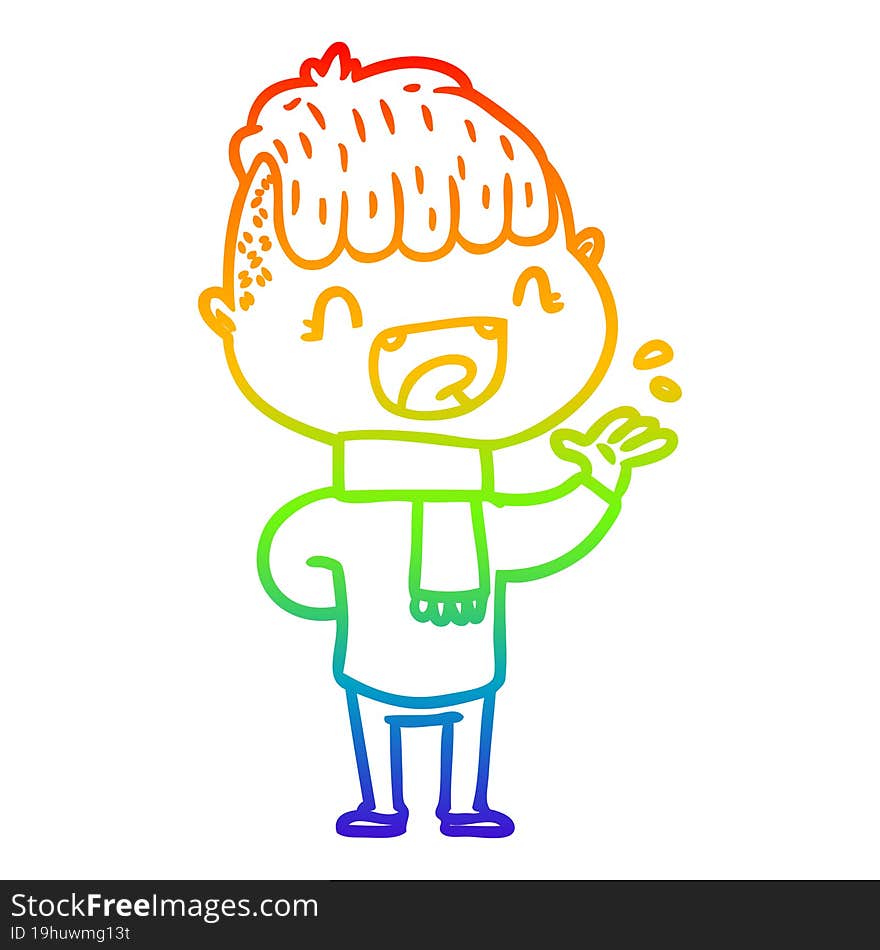 rainbow gradient line drawing of a cartoon happy boy laughing