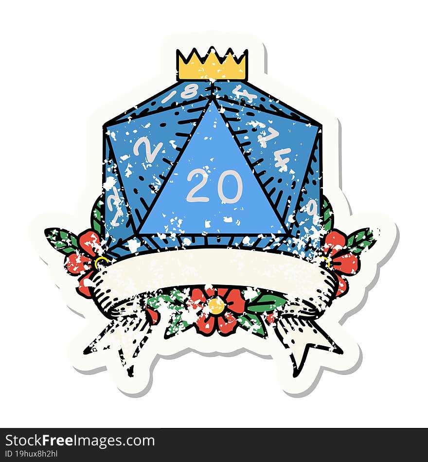 Natural 20 Critical Hit D20 Dice Roll Grunge Sticker