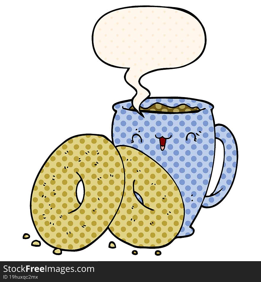 cartoon coffee and donuts and speech bubble in comic book style