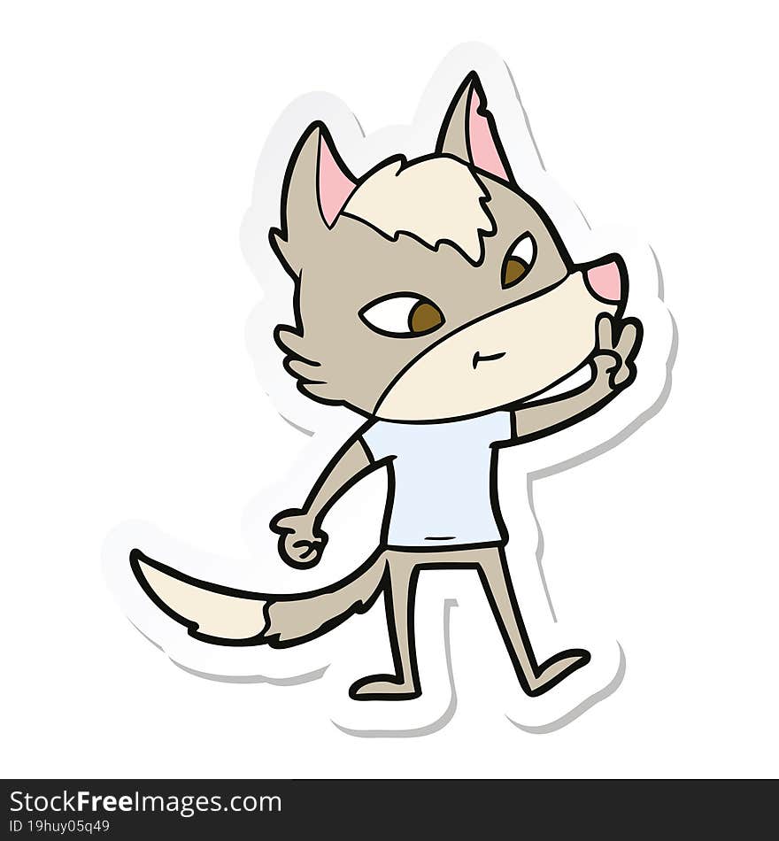 sticker of a friendly cartoon wolf giving peace sign