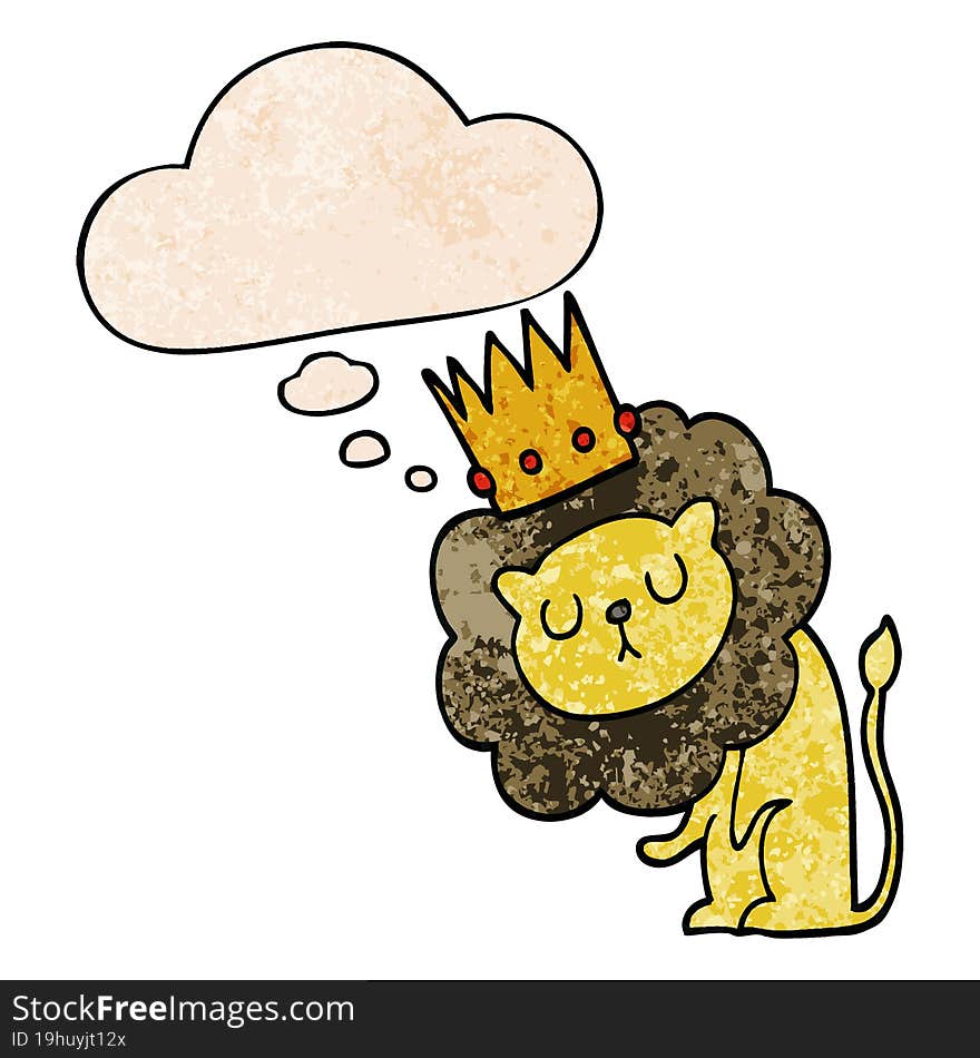 cartoon lion with crown and thought bubble in grunge texture pattern style