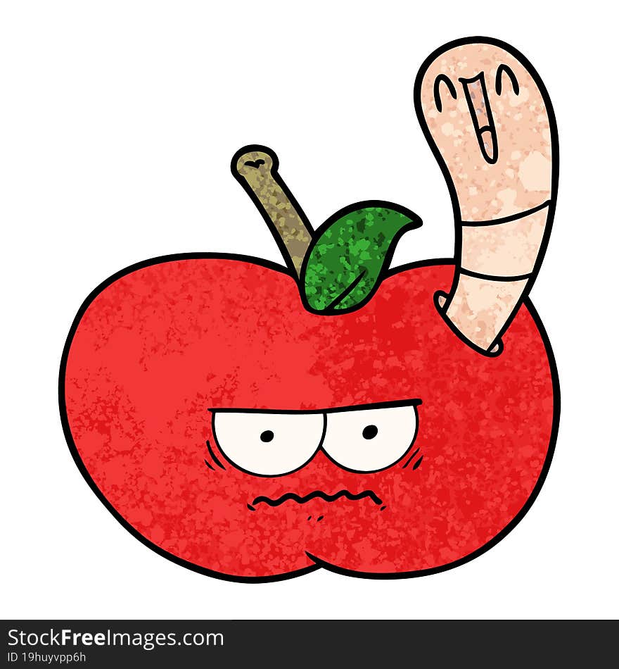 cartoon worm eating an angry apple. cartoon worm eating an angry apple