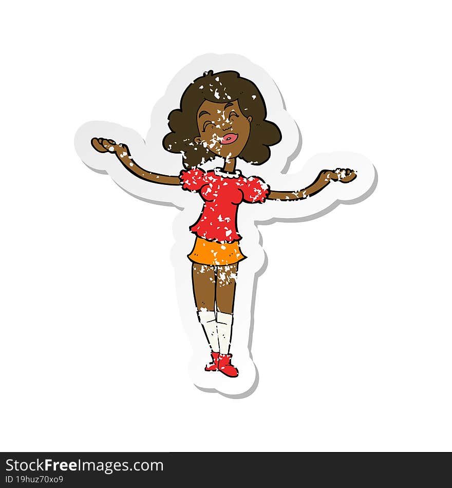 Retro Distressed Sticker Of A Cartoon Woman Taking Praise