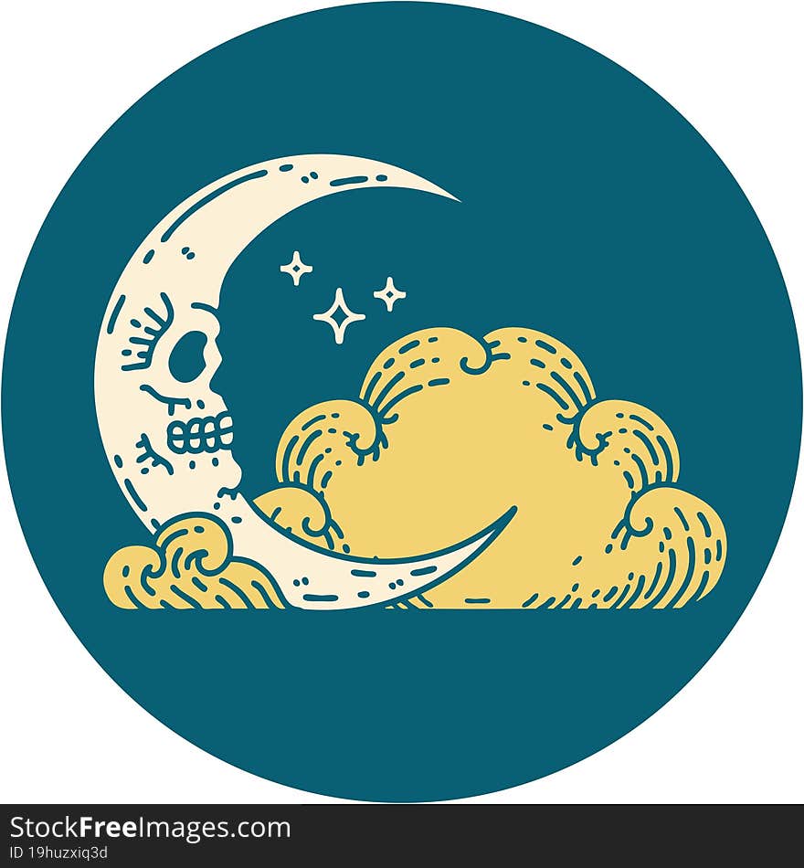 Tattoo Style Icon Of A Skull Crescent Moon And Clouds