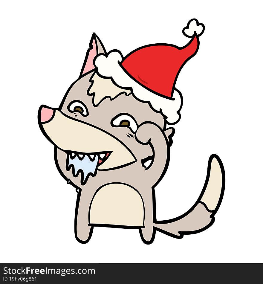 line drawing of a hungry wolf wearing santa hat