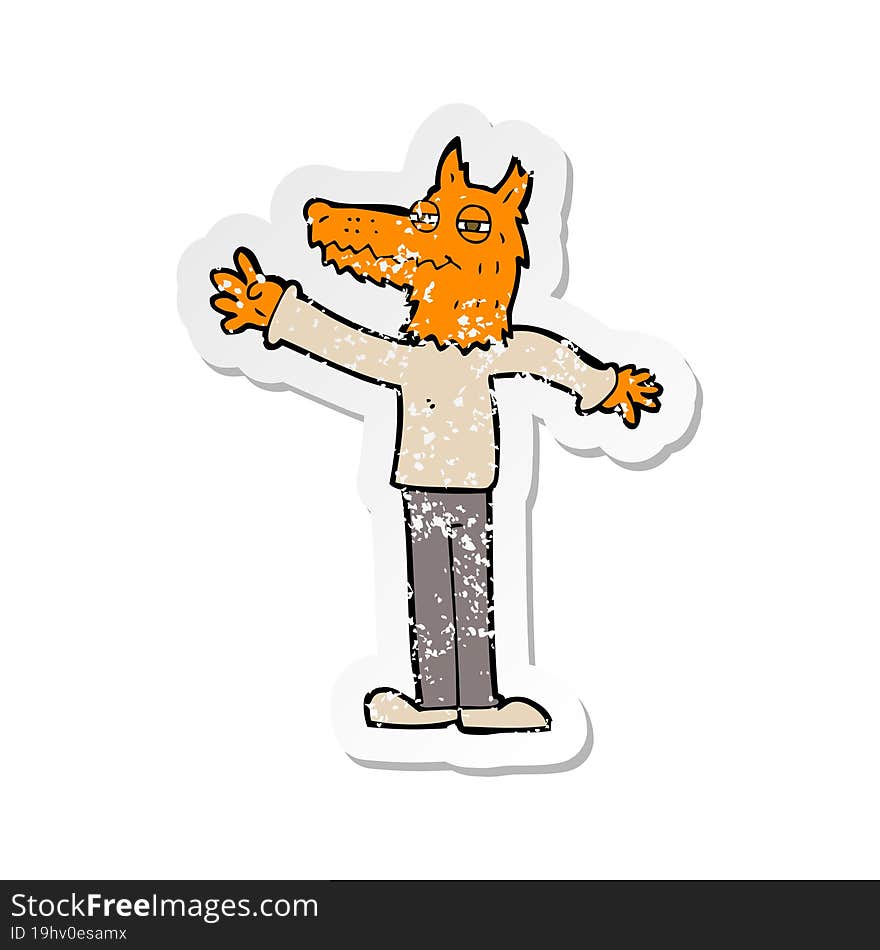 retro distressed sticker of a cartoon waving fox