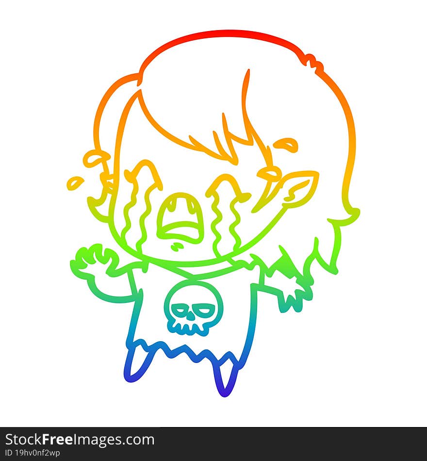 rainbow gradient line drawing cartoon crying vampire girl