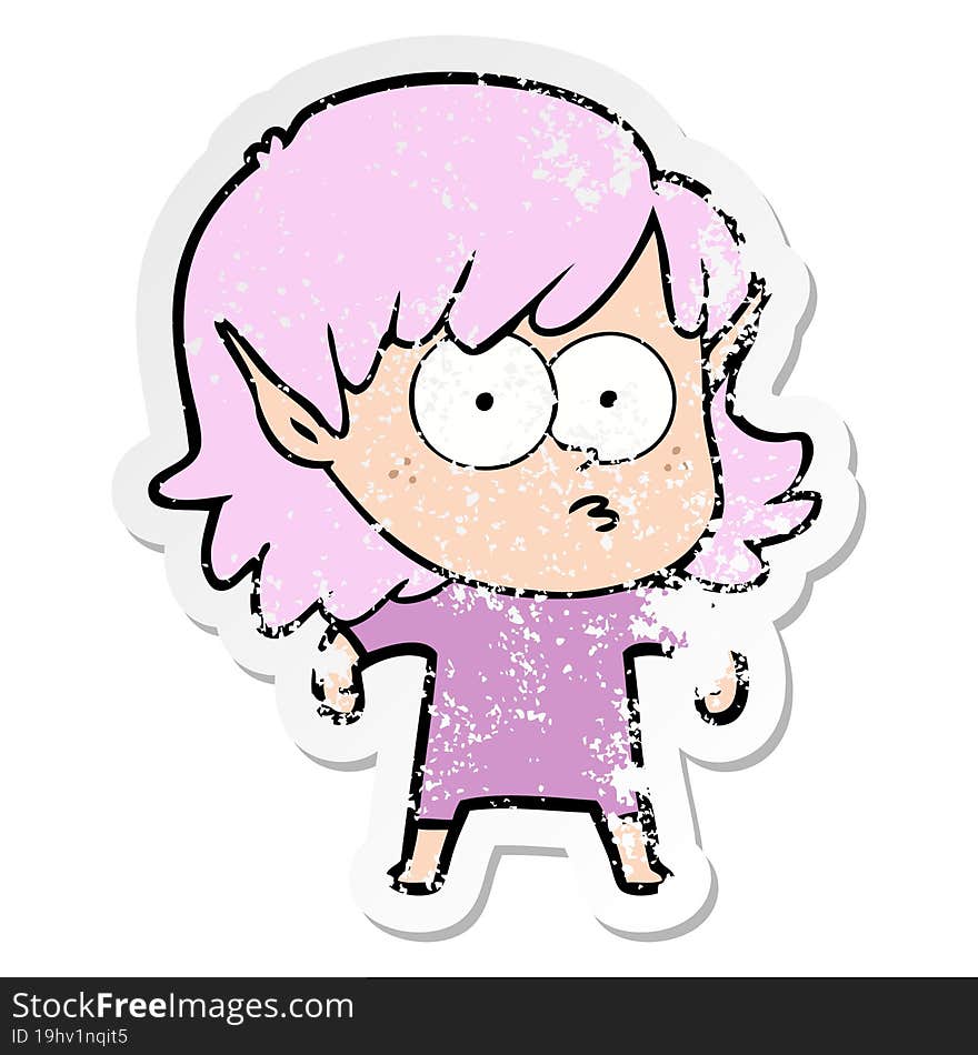 distressed sticker of a cartoon elf girl staring