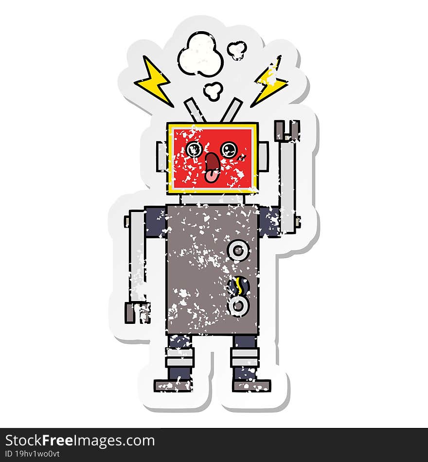 Distressed Sticker Of A Cute Cartoon Robot Malfunction