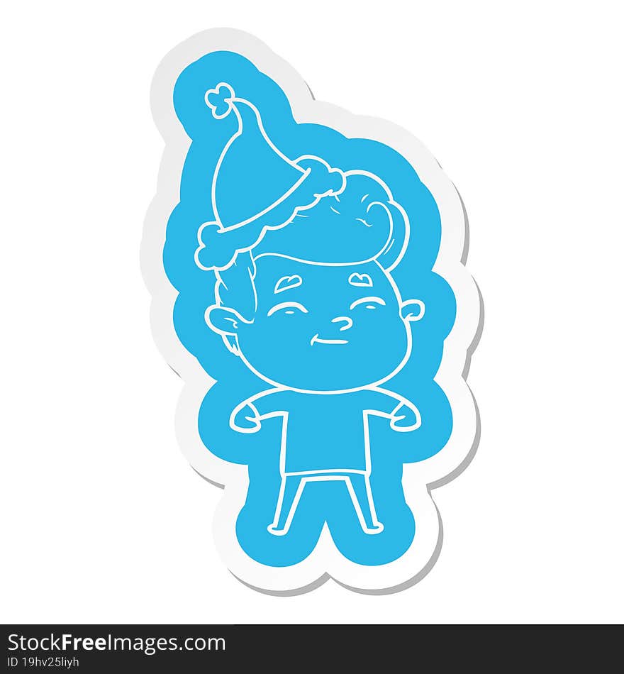 Happy Cartoon  Sticker Of A Man Wearing Santa Hat