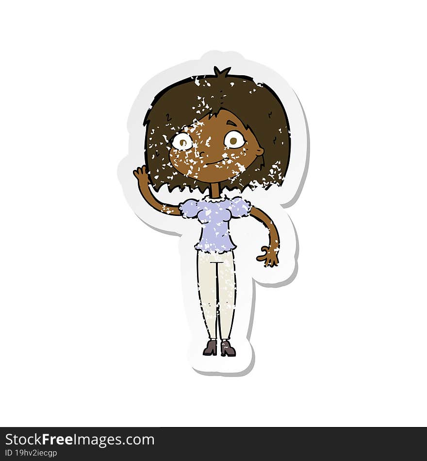 Retro Distressed Sticker Of A Cartoon Woman Waving