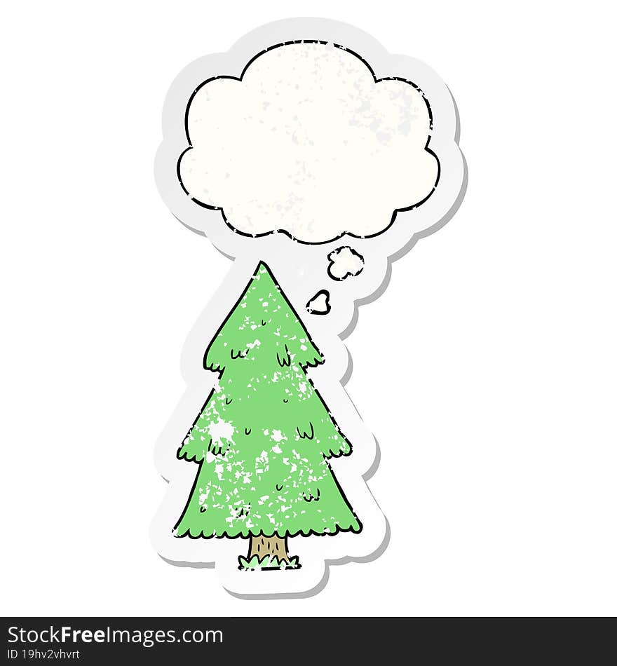 cartoon christmas tree with thought bubble as a distressed worn sticker