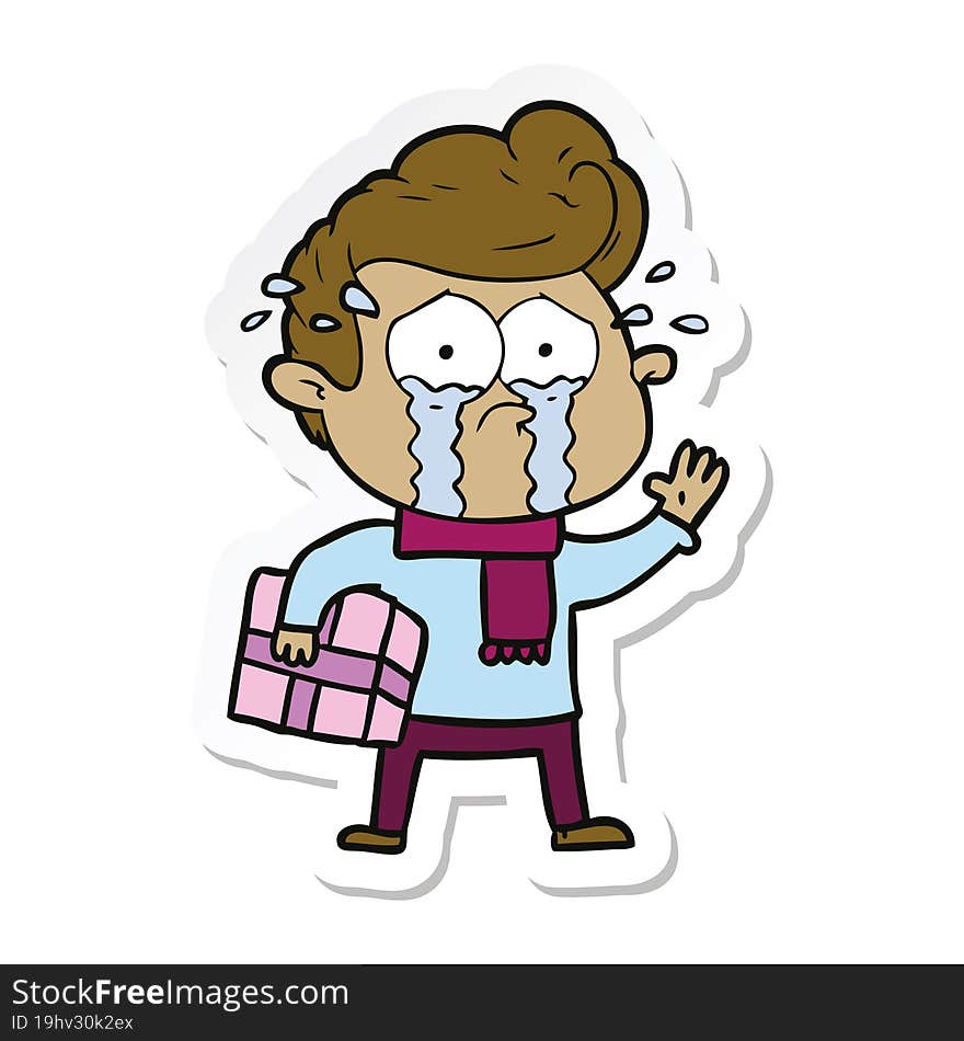 sticker of a cartoon crying man with present