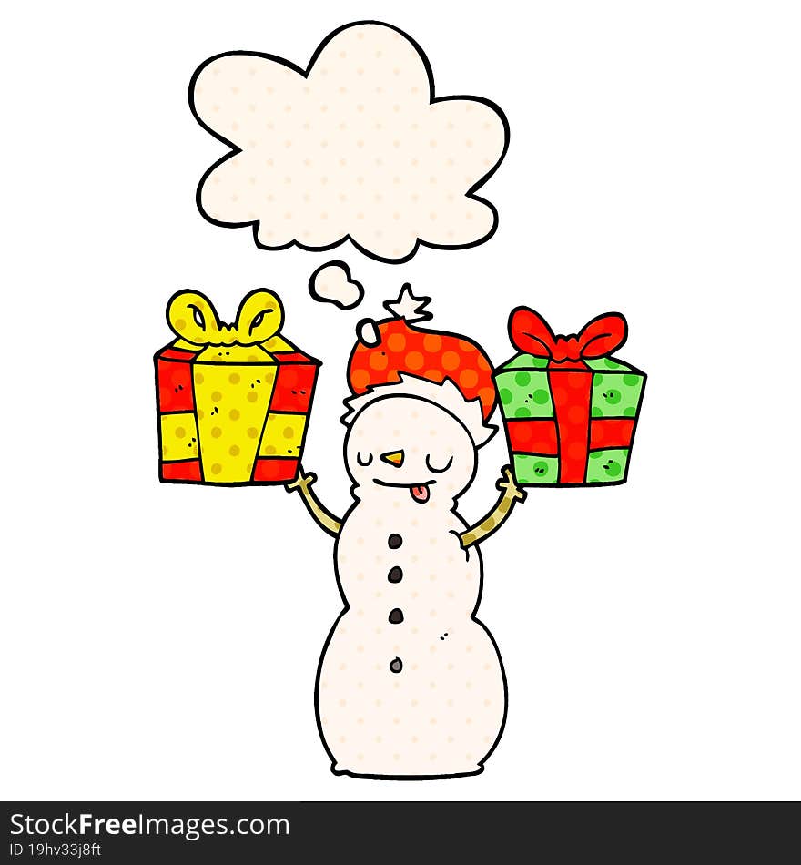 cartoon snowman with present with thought bubble in comic book style